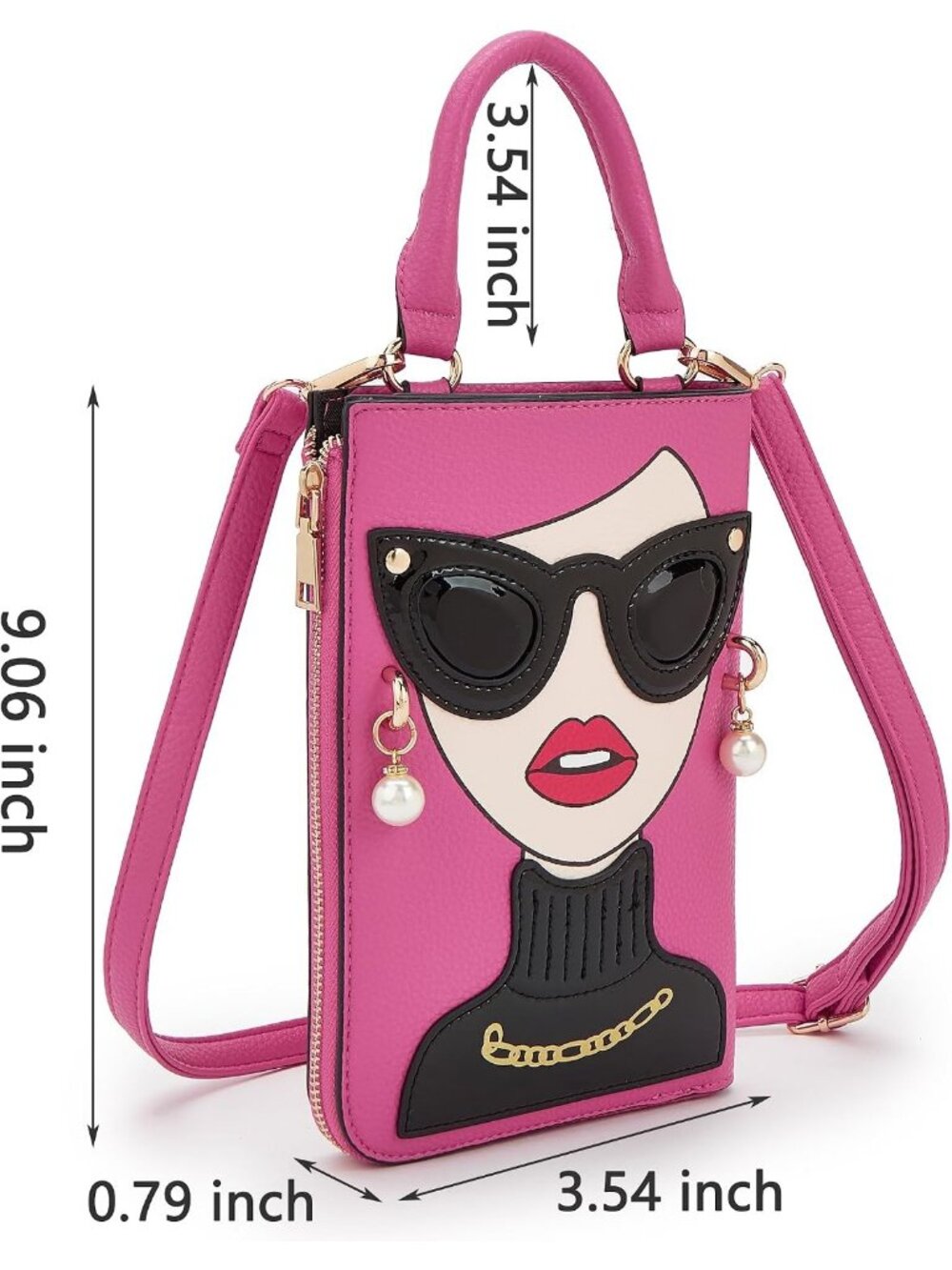 Women Hot Pink Novelty Lady Face PU Leather Shoulder Bag Handle Satchel Clutch - Picture 7 of 7